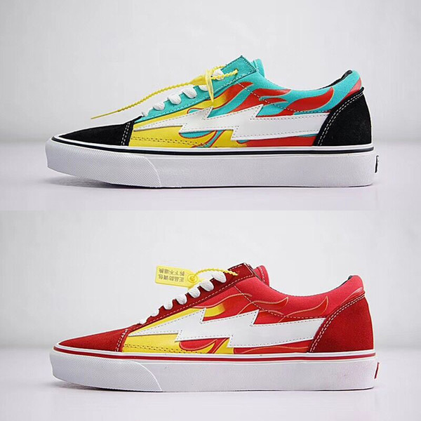 Revenge x Storm Old Skool Pop-up Store Low-cut Limited Sneaker Green Fire Red IAN Teal Flame U.S. Canvas Suede Mens Women Casual Skate Shoes