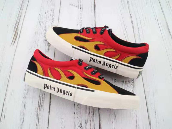 Men Trendy Palm Angels Distressed Flame Sneaker Women Classic Flame Letter Canvas Suede Casual Joker Shoes Black Red Yellow Skateboard