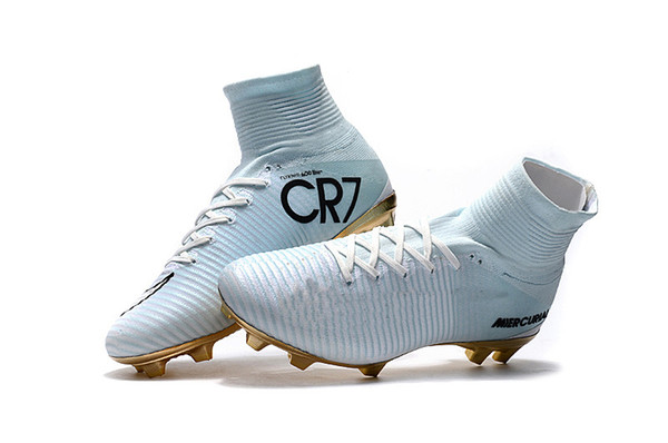 Hot Sale White Gold CR7 Soccer Cleats Mercurial Superfly FG V Kids Soccer Shoes Cristiano Ronaldo