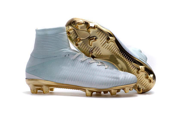 New Classic Style White/Gold CR7 Football Boots Men/Women/Kids Mercurial Superfly V TF/IC FG CR7 Soccer Shoes Soccer Cleats