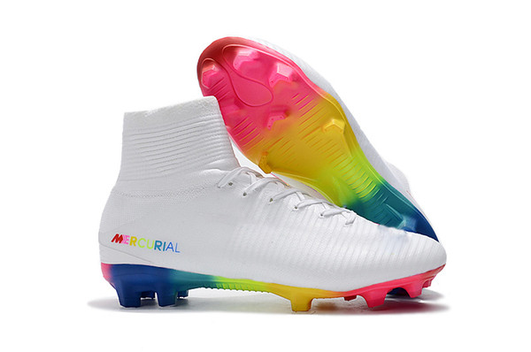 White Red Rainbow 100% Original Soccer Shoes Mercurial Superfly V FG Soccer Cleats High Ankle Football boot Ronaldo Sports Sneakers