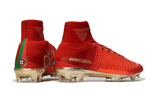 Original Red Gold CR7 Children Soccer Cleats Mercurial Superfly V CR7 FG Kids Soccer Shoes Ronaldo Womens Football Boots