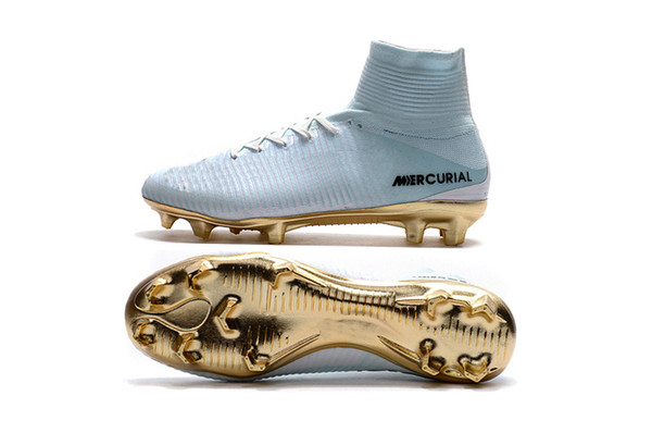 2018 White Gold CR7 100% Original Kids Indoor Soccer Shoes Mercurial Superfly V FG Soccer Cleats C Ronaldo Wholesale Football boot