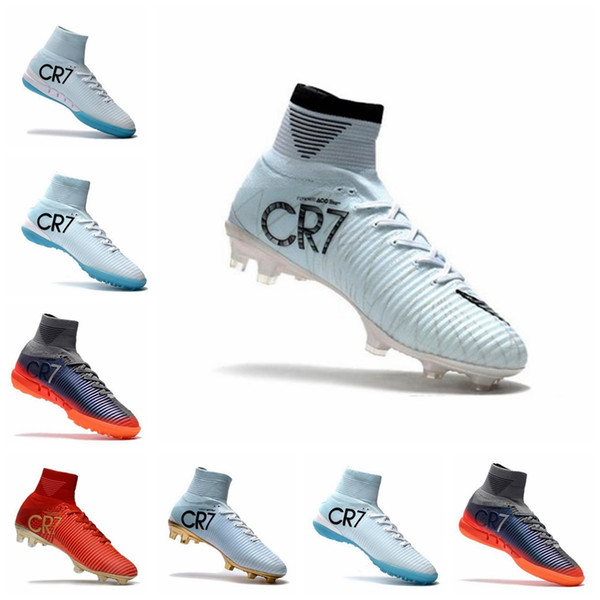 High Top mens Soccer Shoes White Gold CR7 Soccer Cleats Mercurial Superfly FG V Kids Soccer Shoes Cristiano Ronaldo mens Training Sneakers