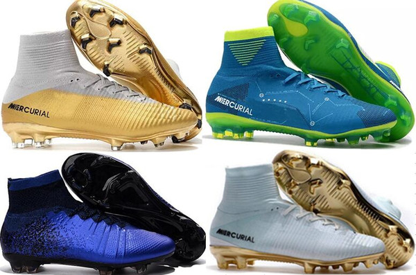 Wholesale White Gold CR7 Top Quality Kids Indoor Soccer Shoes Mercurial Superfly V FG Soccer Cleats C Ronaldo Cheap Football Boots