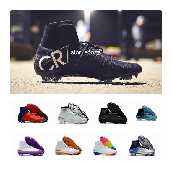 White Red Rainbow 100% Original Soccer Shoes CR7 Mercurial Superfly V FG Soccer Cleats High Ankle Football Boots Ronaldo Sports Sneakers