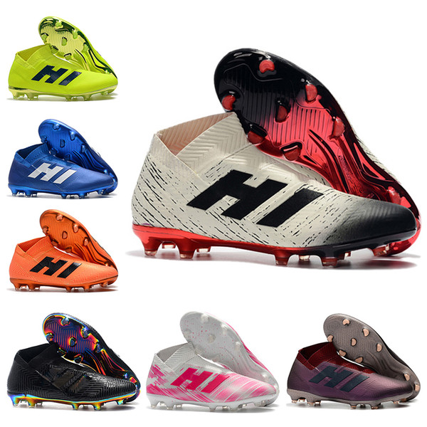 2019 New Mens High Ankle Football Boots Nemeziz 18+ FG Soccer Shoes Black Electroplating 18 Outdoor Soccer Cleats Without The LACES