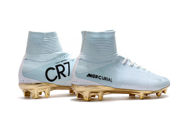 White Gold CR7 Kids Soccer Cleats Youth Soccer Shoes Women Footwear Mens Football boots Mercurial Superfly FG V Cristiano Ronaldo