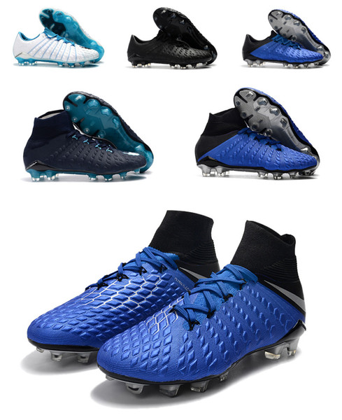 Top Quality Blue Soccer Shoes Hypervenom Phantom III DF FG size39-45 Men High-ankle football boots white blue black