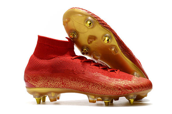 High Quality Mercurial Superfly VI Elite CR7 SG AC Steel Spikes Chinese red High Soccer Shoes size 39-45 Men Football boots