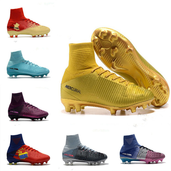 High Top Mens Soccer Shoes Mercurial CR7 Superfly V FG Gold Football Boots Magista Obra 2 Men Soccer Cleats Cristiano Ronaldo Size 40-46