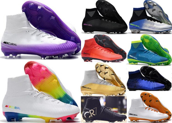 White Red Rainbow Top Quality Soccer Shoes Mercurial Superfly V FG Soccer Cleats High Ankle Football Boots Ronaldo Sports Sneakers