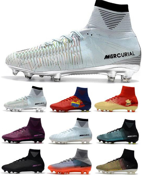 2018 Mens Mercurial Superfly V CR7 FG Cristiano Soccer Boots Shoes Mercurial Superfly Silver Men FG Football Shoes High ACC Soccer Cleats