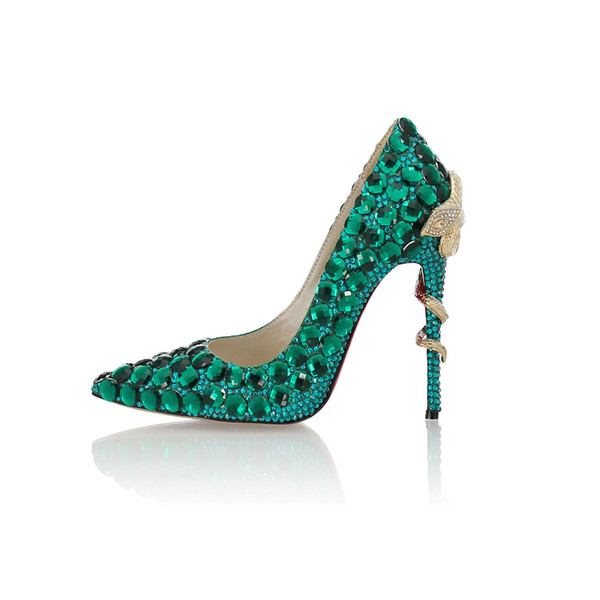 Emerald drilling snakes high heels shoes European and American style sexy wedding shoes Sexy Pointed Toe Party Fashion Crystal 10CM