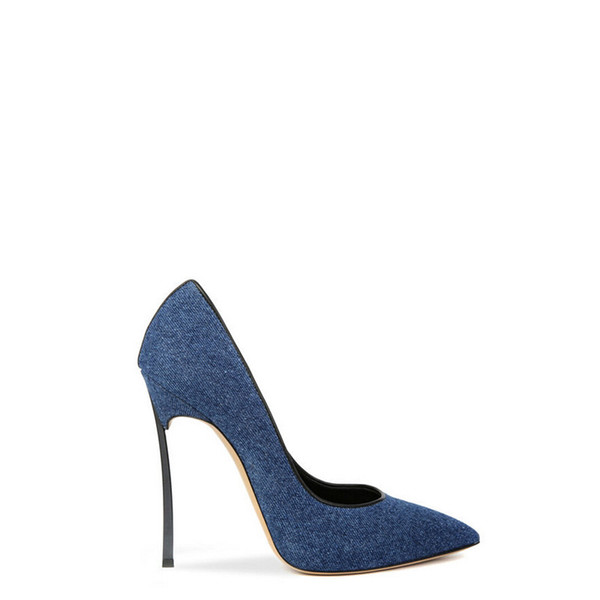 Fashion Navy Blue Denim Women Stilettos Pointed Toe Shallow-mouthed Single Shoes Pumps High Heels Shoes Luxury Metal Heels