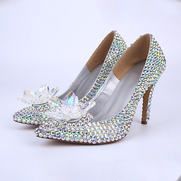 Girls Women Pumps High Heeled Dress Shoes 10cm Rivet Sexy Pointed Toe Party Fashion Crystal Wedding Shoes Big Size High Quality