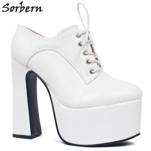 Sorbern Chunky Heels Women Pumps Lace Up Shoes Platform Block Heels Big Size Shoe Women Platform Heels Pointy Shoes High Fashion