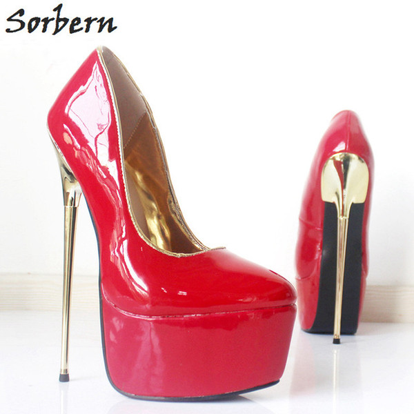 Sorbern Sexy Slip On Unisex Pumps Women Shoes 22Cm Super High Heel 6cm Platform Ladies Fetish Shoes Metal Gold Heels DIY