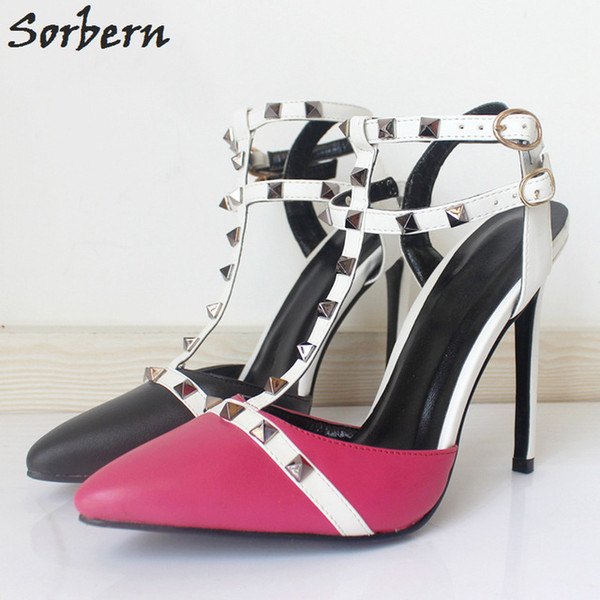 Sorbern Sexy T-Straps Pointed Toe Ladies Shoes Size 12 Women Heels Rivets Hot Sale Shoes Women 12Cm Stilettos Heel Custom Colors