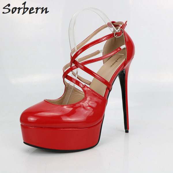 Sorbern Retro Party Dresses Shoes Ladies Pumps Pointe Toe Platform Red High Heels Patent Leather 15Cm Heels Ladies Shoes Size 12