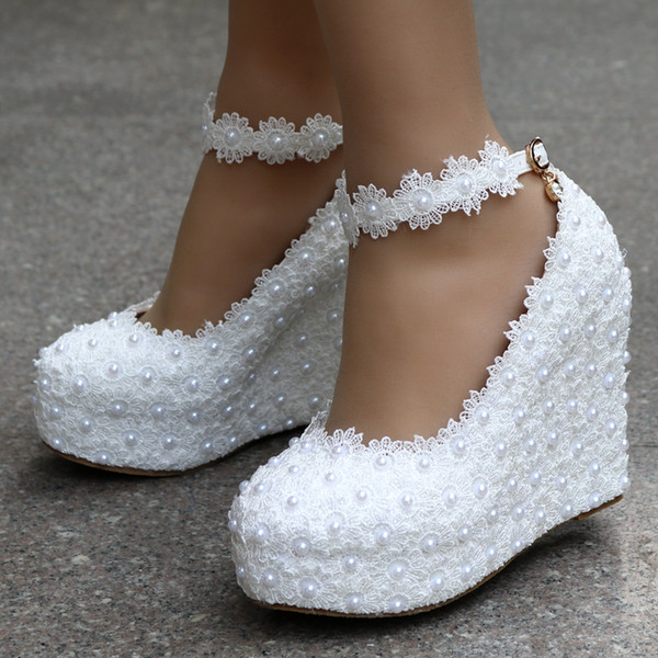 Crystal Queen White Wedges Wedding Pumps Sweet White Flower Lace Pearl Platform Pump Shoes Bride Dress High Heels