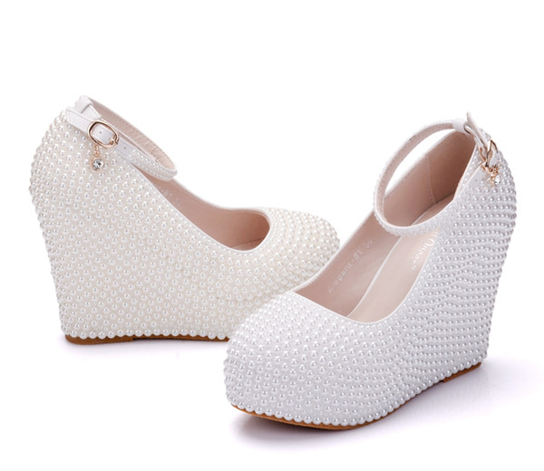 Crystal Queen Woman Platform Wedges White Ivory Pearl Crystal Rhinestone Wedding Bridal Shoes High Heels Pumps Wedges 11.5cm