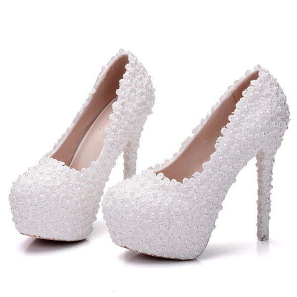 Crystal Queen Women Lace Wedding Shoes Lace Pumps High Heels Round Toe Platform Shoes Party Lady Wedding Heels Thin Heels Pumps