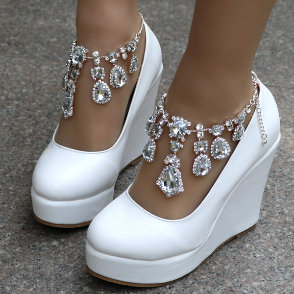 Crystal Queen Ankle Strap High Wedges Platform Pumps Large Size Bridal Shoes Women Crystal Rhinestone Platform Shoes Mary Jane