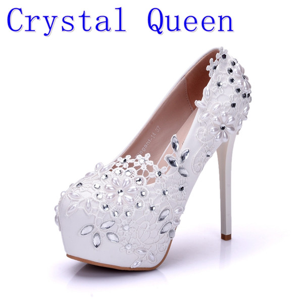 Crystal Queen Fashion Lady White Wedding Shoes Bridesmaid Bridal Shoes Rhinestone Lace Shoes High Heels Women Pumps