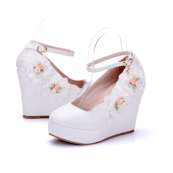 Crystal Queen White Women Wedding Party Pumps Wedge Heels Buckle Straps Lace Flower Bridal Shoes Platform Lady Dress Shoes