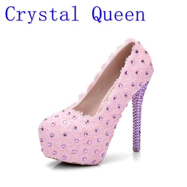 Crystal Queen Pink Lace Flower Wedding Shoes Rhinestone 14cm Ultra High Heels Platform Shoes Women's Single Bridal Dress Shoes