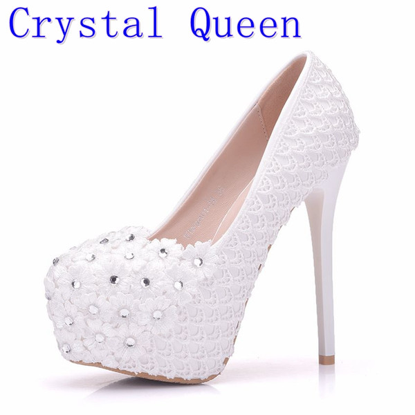 Crystal Queen Women Shoes Sexy White Lace Pumps Shoes Woman Flower Round Toes Platforms Spring Wedding Party High Heels Shoes