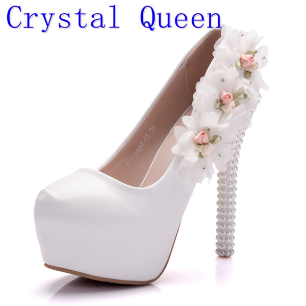 Crystal Queen Princess Heels Women Shoes Pumps Thin High Heels Lace Platform Pumps White Pearls Flowers Wedding Shoes Lady Gifts