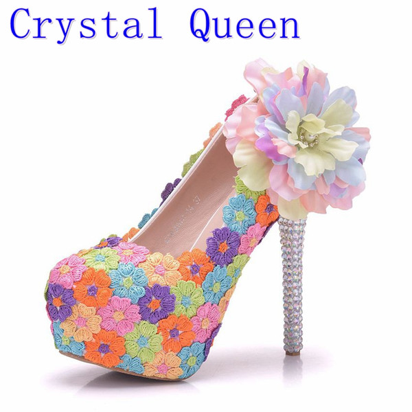 Crystal Queen Handmade Women Wedding Shoes Round Colorful Lace Flowers High Heel Elegant Bridal Dress Shoes Prom Pumps