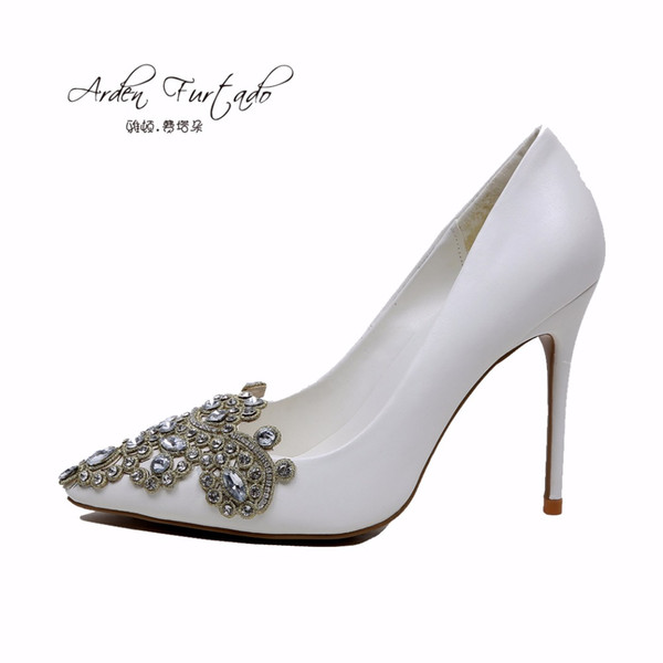 2017 Brand Shoes Woman Pumps white extreme High Heels 10cm Shoes for Women Wedding Shoes sexy Rhinestone Stilettos slip-on plus size