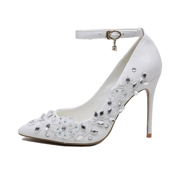 new 2017 Woman Pumps extreme High Heels 10cm Women buckle white Wedding Shoes rhinestone sexy Stilettos slip-on Shoes plus size