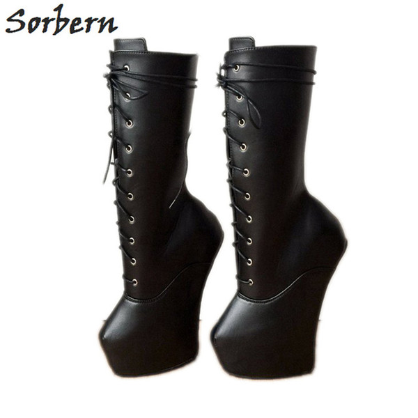 Sorbern Heavy Hoof Sole Mid Calf Boots Women Heelless Boots Ladies Custom Wide Calf Leg Boots Made to Order Black Matte