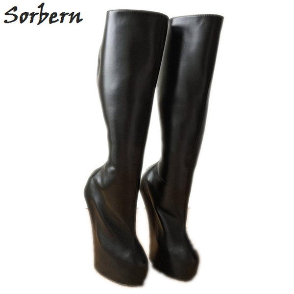 Sorbern Heavy Hoof Heelless Knee High Boots Women 9Cm Thick Platform Plastic Zip Black Matte Knee Boots Thick Lining Boots