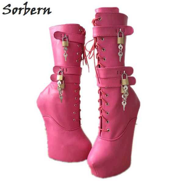 Sorbern Peach Mid Calf Boots Women Hoof Heelless Shoes Ladies Platform Heels Womens Boots With Buckles Booties For Girls