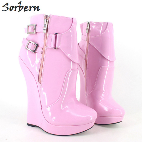 Sorbern Women Ankle Boots 18Cm Wedges Shoes Plus Size Buckle Strap Fashion Platform Ladies Unisex Shoes Patent Leather Custom Color