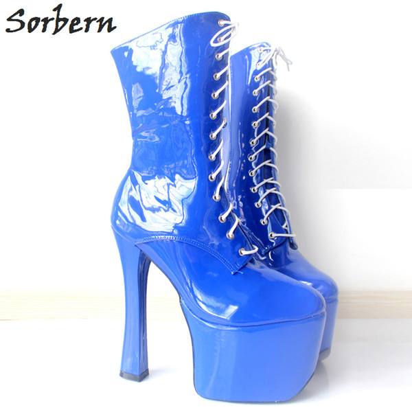 Sorbern Sexy Blue Patent Leather Boots For Women Extrem High Heels 20Cm Platform Luxury High Heels In Women Lace Up Booties