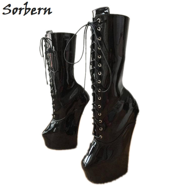 Sorbern More Eyelets Heavy Hoof Sole Heelless Mid-Calf Boots Black Patent Lace Up Boots Women Runway Shoes Womens Booties