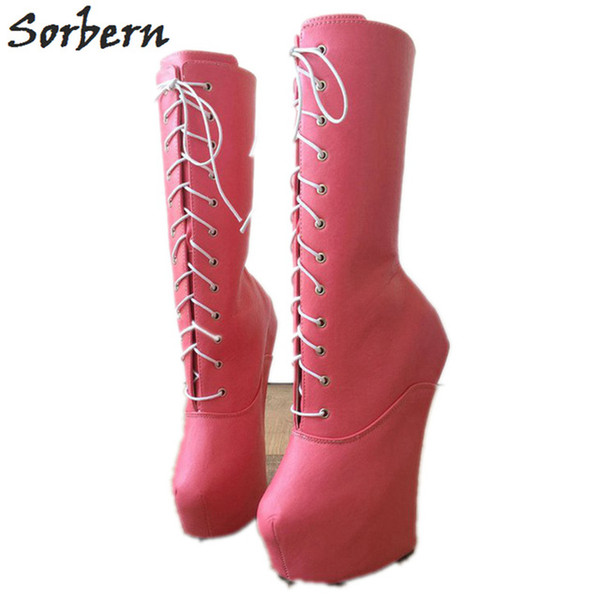 Sorbern Heavy Hoof Sole Heelless Boots Women Custom Wide Mid-Calf Boots Made to Order Matt Pink Fetish Heelless Hoof Boots