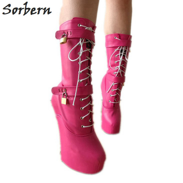 Sorbern Heavy Hoof Sole Heelless Mid-Calf Boots Women Platform Heels Custom Made Colors Hot Pink Matte Hoof Boots Females