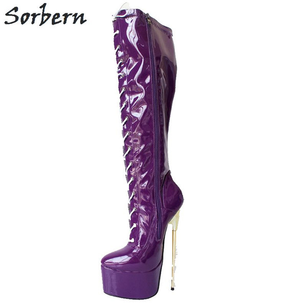 Sorbern Purple Shiny Pu Metal Gold Heels 22Cm High Heels Knee High Boots For Women Custom Colors 36-46 Plus Size Long Boots