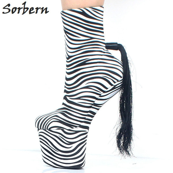 Sorbern BDSM Zabra Hoof Heels Heelless Boots With Tail COSPLAY Queen High-heeled Booties Dress-Up Large Size Unisex Shoes Women