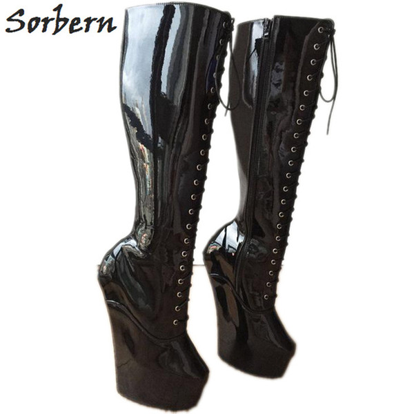 Sorbern Heavy Hoof Sole Boots Women Custom Color Horse Hoof Heelless Knee Hi Fetish Role Play Black Patent Boots Unisex Size 12