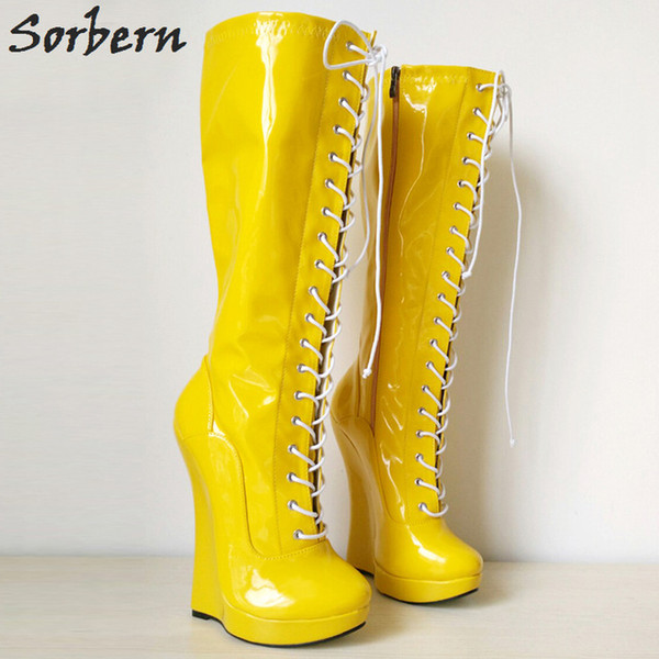 Sorbern Mid-Calf Women Boots Fashion Unisex Wedges 18CM Lace Up Plus Size Zipper Side Real Image Platform Patent Leather Custom