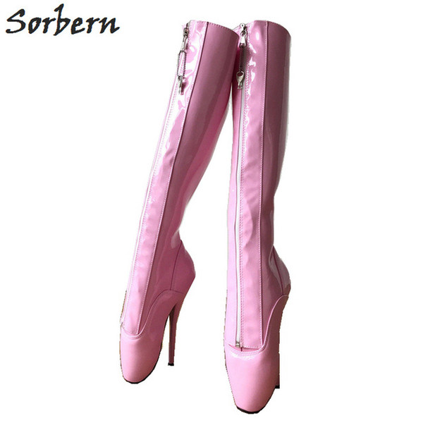 Sorbern Sexy Ballet Pointed Boots Women High Heels Fetish Pinup Ballet Heel Shoes Lockable Zipper Light Pink Shiny Long Boots Custom Color