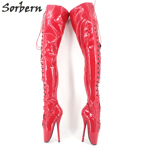 Sorbern Ballet Thin Heel Women Boots Patent Leather PU Lace Up Gay Unisex Large Size 36-46 Plus Size Ladies Party Boot Designer Sexy Boot